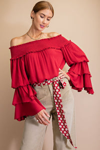 Easel Ruffled Off Shoulder Top in Bloody Mary  Easel   