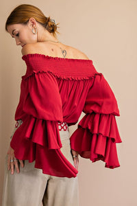 Easel Ruffled Off Shoulder Top in Bloody Mary  Easel   
