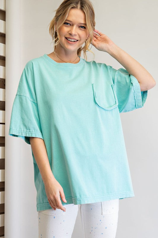 Easel Short Sleeve Mineral Wash Tunic Top in Aqua Shirts & Tops Easel   