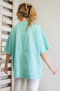 Easel Short Sleeve Mineral Wash Tunic Top in Aqua Shirts & Tops Easel   