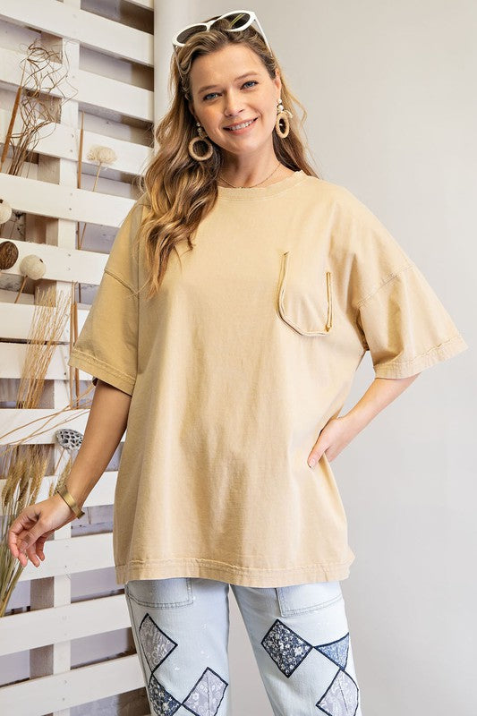 Easel Short Sleeve Mineral Wash Tunic Top in Light Mustard Shirts & Tops Easel   