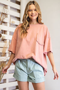 Easel Short Sleeve Mineral Wash Tunic Top in Faded Coral Shirts & Tops Easel   