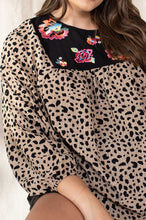 Load image into Gallery viewer, Oddi Taupe Animal Print Top with Floral Embroidered Neckline FINAL SALE  Oddi   
