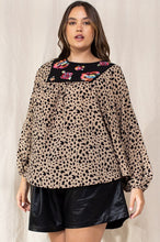 Load image into Gallery viewer, Oddi Taupe Animal Print Top with Floral Embroidered Neckline FINAL SALE  Oddi   
