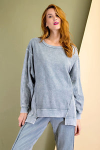 Easel Boxy Pullover Top with Uneven Hem in Blue Grey  Easel   