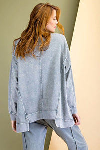 Easel Boxy Pullover Top with Uneven Hem in Blue Grey  Easel   