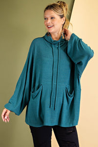 Easel Cowl Neck Drawstring Top in Teal  Easel   