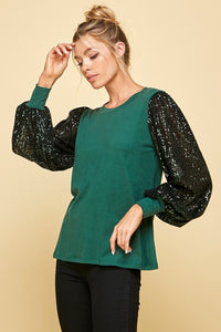 Hunter Green Top with Sequin Sleeves FINAL SALE  Les Amis   