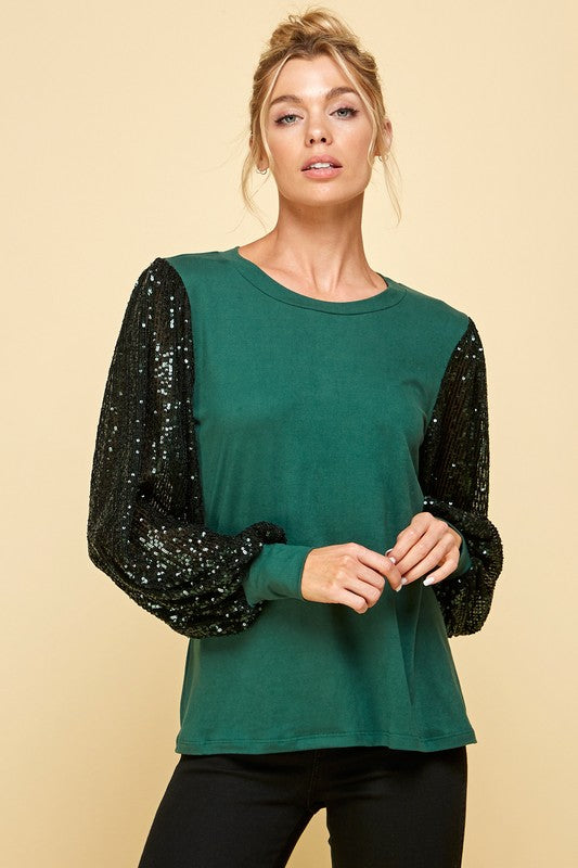 Hunter Green Top with Sequin Sleeves FINAL SALE  Les Amis   