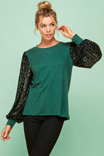 Load image into Gallery viewer, Hunter Green Top with Sequin Sleeves FINAL SALE  Les Amis   
