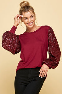 Wine Top with Sequin Sleeves  Les Amis   