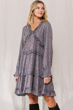Load image into Gallery viewer, Oddi Floral Tiered Dress with Ruffled Trim in Grey Dresses Oddi   
