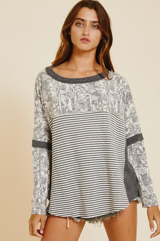Ces Femme Floral and Stripes Contrast Top in Charcoal and Black Shirts & Tops Ces Femme   