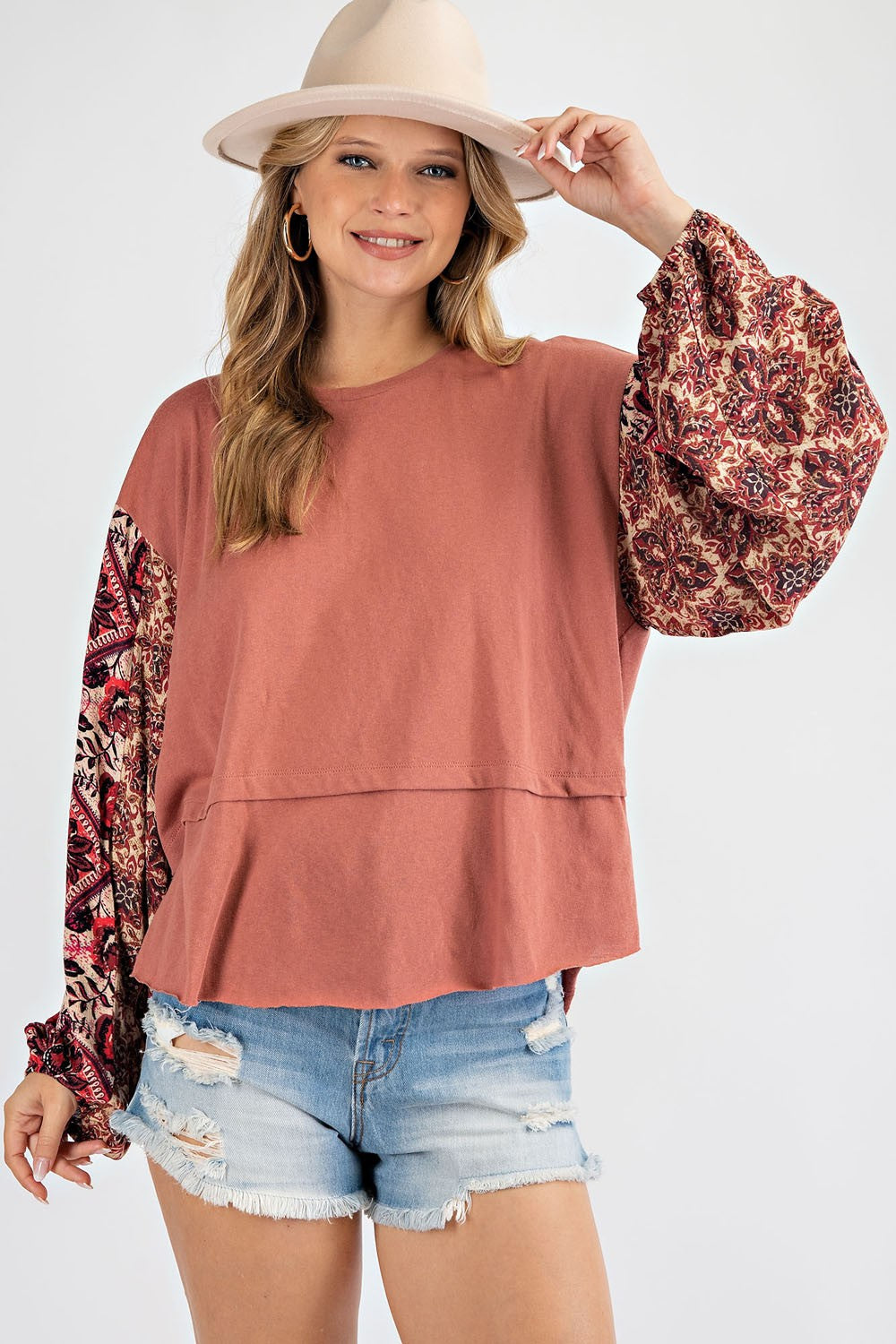 Easel Solid Color Top with Printed Sleeves in Pale Red Shirts & Tops Easel   