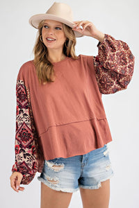 Easel Solid Color Top with Printed Sleeves in Pale Red Shirts & Tops Easel   