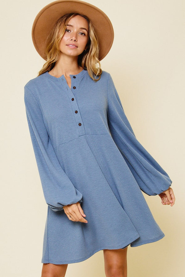 Long Sleeved Knit Dress with Puff Sleeves in Denim Blue Color Dresses Ces Femme   