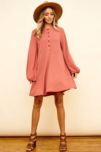 Long Sleeved Knit Dress with Puff Sleeves in Rust Color Dresses Ces Femme   
