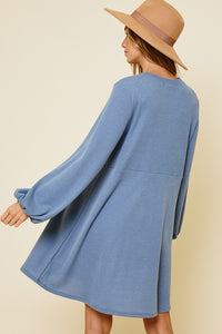 Long Sleeved Knit Dress with Puff Sleeves in Denim Blue Color Dresses Ces Femme   