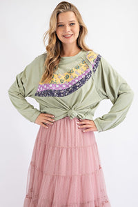 Easel Mixed Floral Pattern Top in Sage Shirts & Tops Easel   