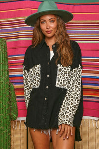 Long Sleeve Denim Top with Animal Print in Black  Fantastic Fawn   