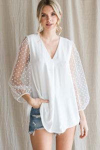 Jodifl Solid Top with Polka Dot Sheer Sleeves in Ivory Shirts & Tops Jodifl   