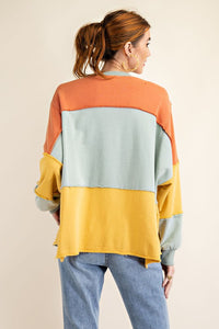 Easel Color Block Washed Pullover Top in Faded Sage Shirts & Tops Easel   