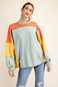 Easel Color Block Washed Pullover Top in Faded Sage Shirts & Tops Easel   