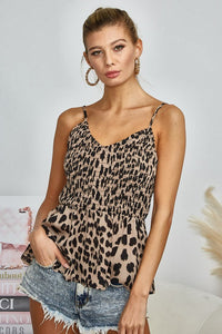 Leopard Print Top with Smocked Body and Adjustable Straps Shirts & Tops BiBi   