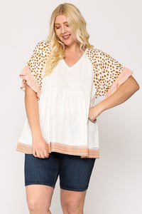 GiGio Off White Top with Animal Print Sleeves Top Gigio   