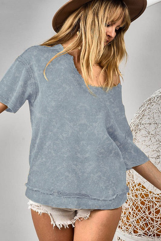 BiBi Mineral Washed Thermal Top with Notched Neckline in Denim Blue Shirts & Tops BiBi   