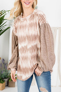 Tie Dye Top with Bubble Sleeves in Taupe Shirts & Tops Ces Femme   