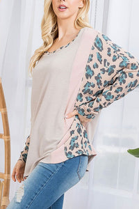 Taupe and Teal Color Block Animal Print Top  June Adel   