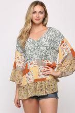 Load image into Gallery viewer, GiGio Mixed Patchwork Print Top in Dark Sage Shirts &amp; Tops Gigio   
