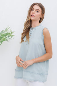 Sleeveless Linen Blend Top with Frayed Trim in Eggshell Blue-FINAL SALE Shirts & Tops Blue B   