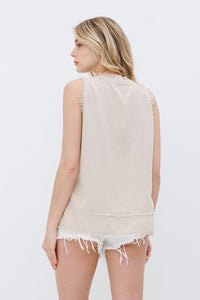 Sleeveless Linen Blend Top with Frayed Trim in Khaki Shirts & Tops Blue B   