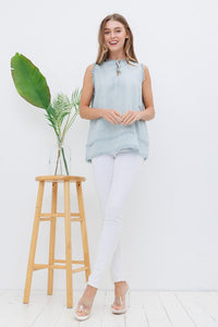Sleeveless Linen Blend Top with Frayed Trim in Eggshell Blue-FINAL SALE Shirts & Tops Blue B   