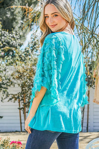 Turquoise Top with Fringed Ruffle Sleeves Shirts & Tops And The Why   