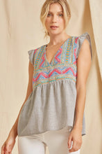 Load image into Gallery viewer, Charcoal Striped Babydoll Top with Colorful Embroidery Shirts &amp; Tops Andree by Unit   
