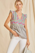 Load image into Gallery viewer, Charcoal Striped Babydoll Top with Colorful Embroidery Shirts &amp; Tops Andree by Unit   
