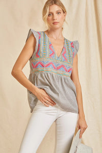 Charcoal Striped Babydoll Top with Colorful Embroidery Shirts & Tops Andree by Unit   