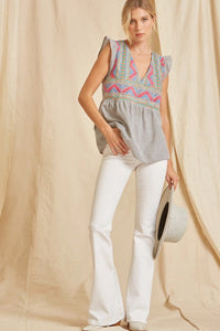 Charcoal Striped Babydoll Top with Colorful Embroidery Shirts & Tops Andree by Unit   