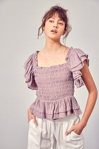 Lavender Smocked Top with Ruffled Sleeves-FINAL SALE Shirts & Tops Miou Muse   