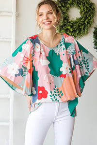 Jodifl Green and Blush Floral Print Top with Ruffled Shoulders Shirts & Tops Jodifl   