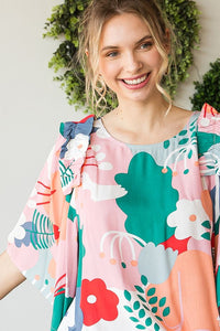 Jodifl Green and Blush Floral Print Top with Ruffled Shoulders Shirts & Tops Jodifl   