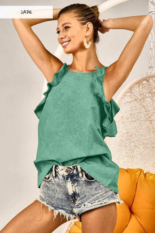 BiBi Jade Mineral Washed Sleeveless Top with Ruffled Details Shirts & Tops BiBi   