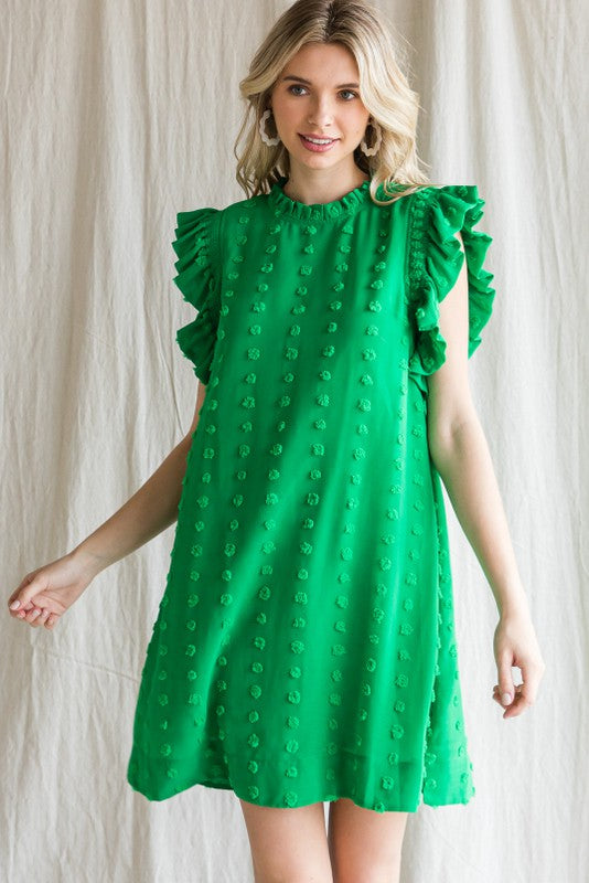 Jodifl Swiss Dot Dress with Ruffled Cap Sleeves in Kelly Green Dresses Jodifl   