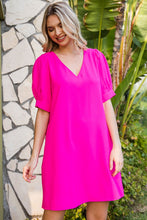 Load image into Gallery viewer, Jodifl Solid V-Neck Puff Sleeve Dress with Pockets in Hot Pink Dress Jodifl   
