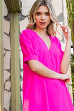 Load image into Gallery viewer, Jodifl Solid V-Neck Puff Sleeve Dress with Pockets in Hot Pink Dress Jodifl   
