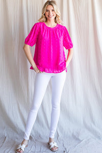 Jodifl Swiss Dot Top with Bubble Sleeves and Ruffled Hem in Hot Pink Shirts & Tops Jodifl   