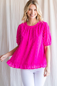 Jodifl Swiss Dot Top with Bubble Sleeves and Ruffled Hem in Hot Pink Shirts & Tops Jodifl   